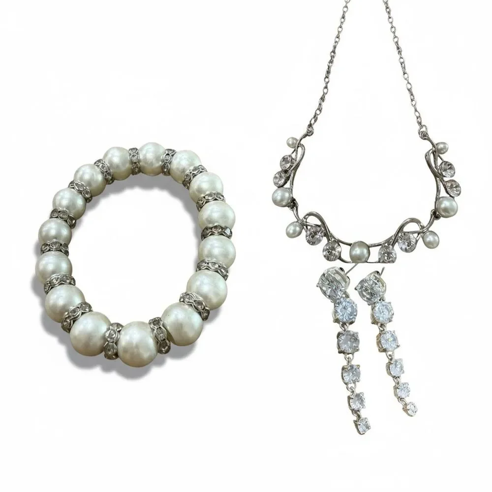Bridal Pearl Rhinestone Jewelry Set Necklace Earrings Bracelet Wedding Prom